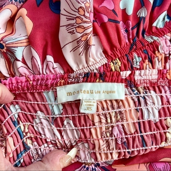 🎁 MONTEAU LA Pink & Red Floral Smocked Maxi Dress Sleeveless Size XS - Picture 8 of 11